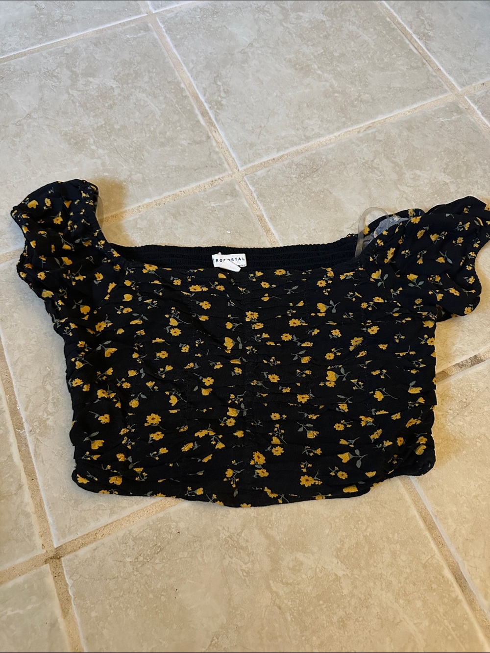 Aeropostale Sheer Floral Smocked Crop Top - Black/Yellow